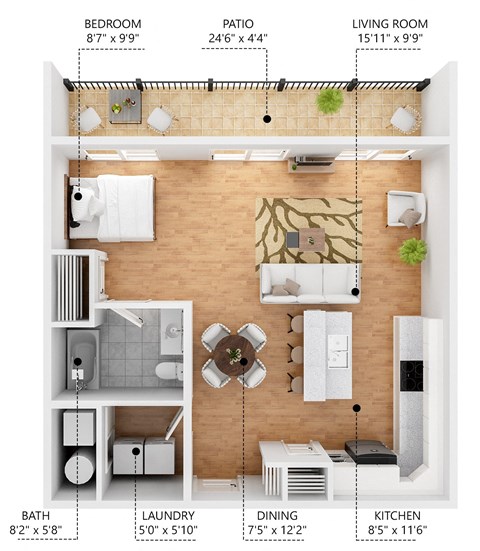 Floor plan for studio, 1 bath, 701 sqft